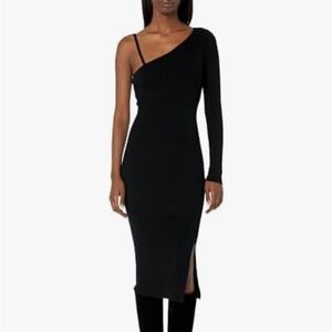 HUDSON JEANS Luxe Merino Wool One-Shoulder Black Midi Dress--NWT--S